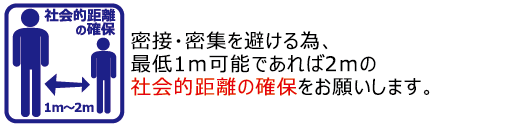 社会的距離の確保/密接・密集を避ける為、最低1m。可能ならば2mの距離の確保をお願いします。